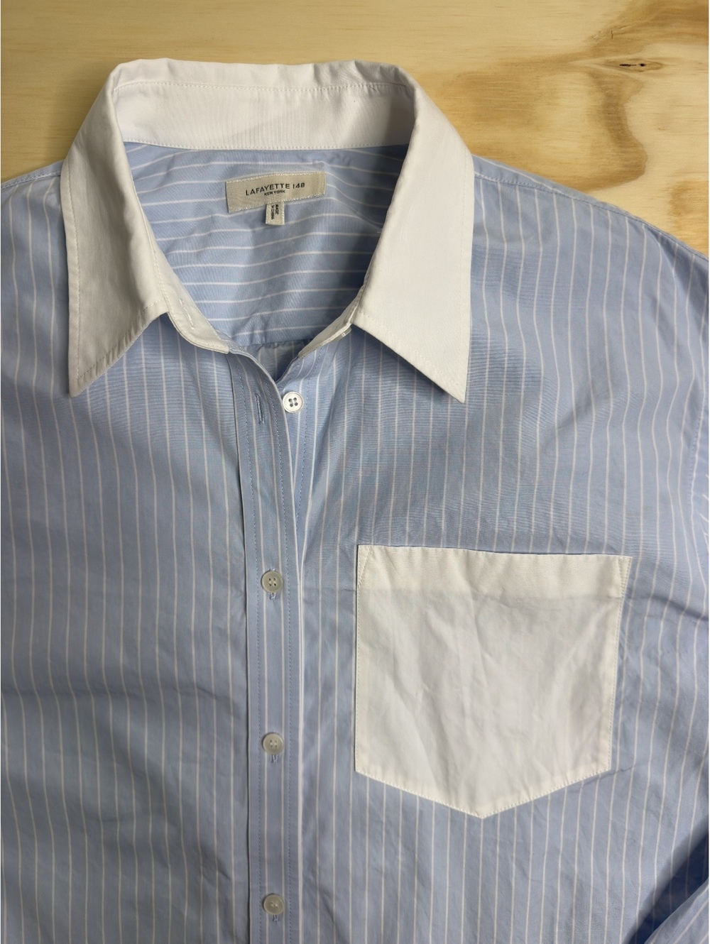 Lafayette 148 New York Oversized Light Blue & White Striped Button-Down Shirt - Picture 2 of 9